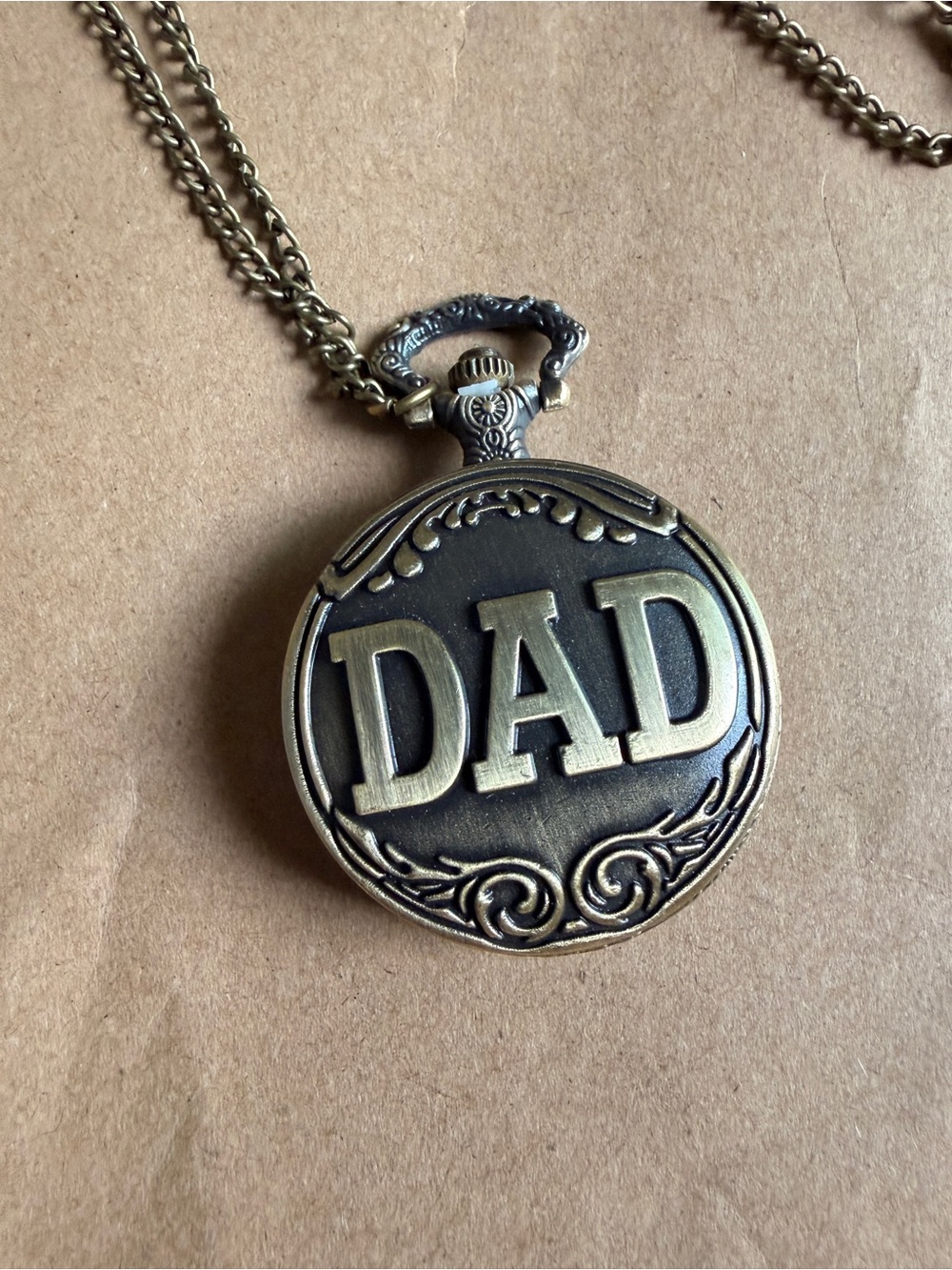 DAD Engraved Pocket Watch With Chain in Antique Gold Tone